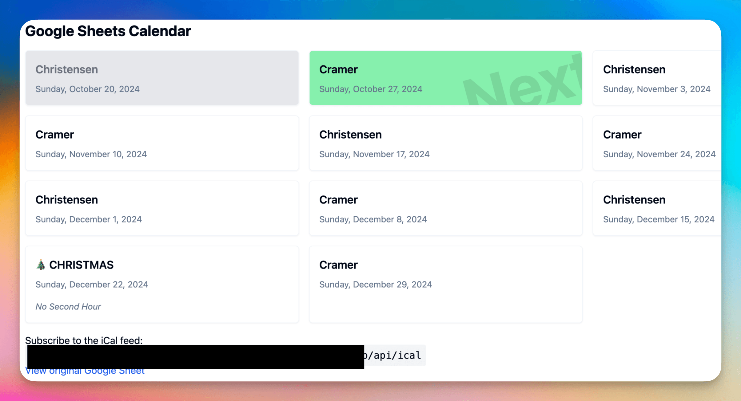 Subscribed calendar showing the imported events